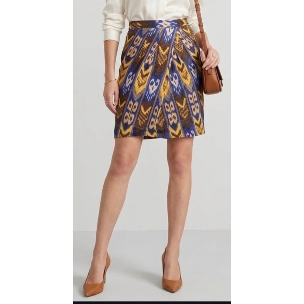Tory Burch Wrap Skirt Blue Yellow Brown Ikat Linen Blend Women 4